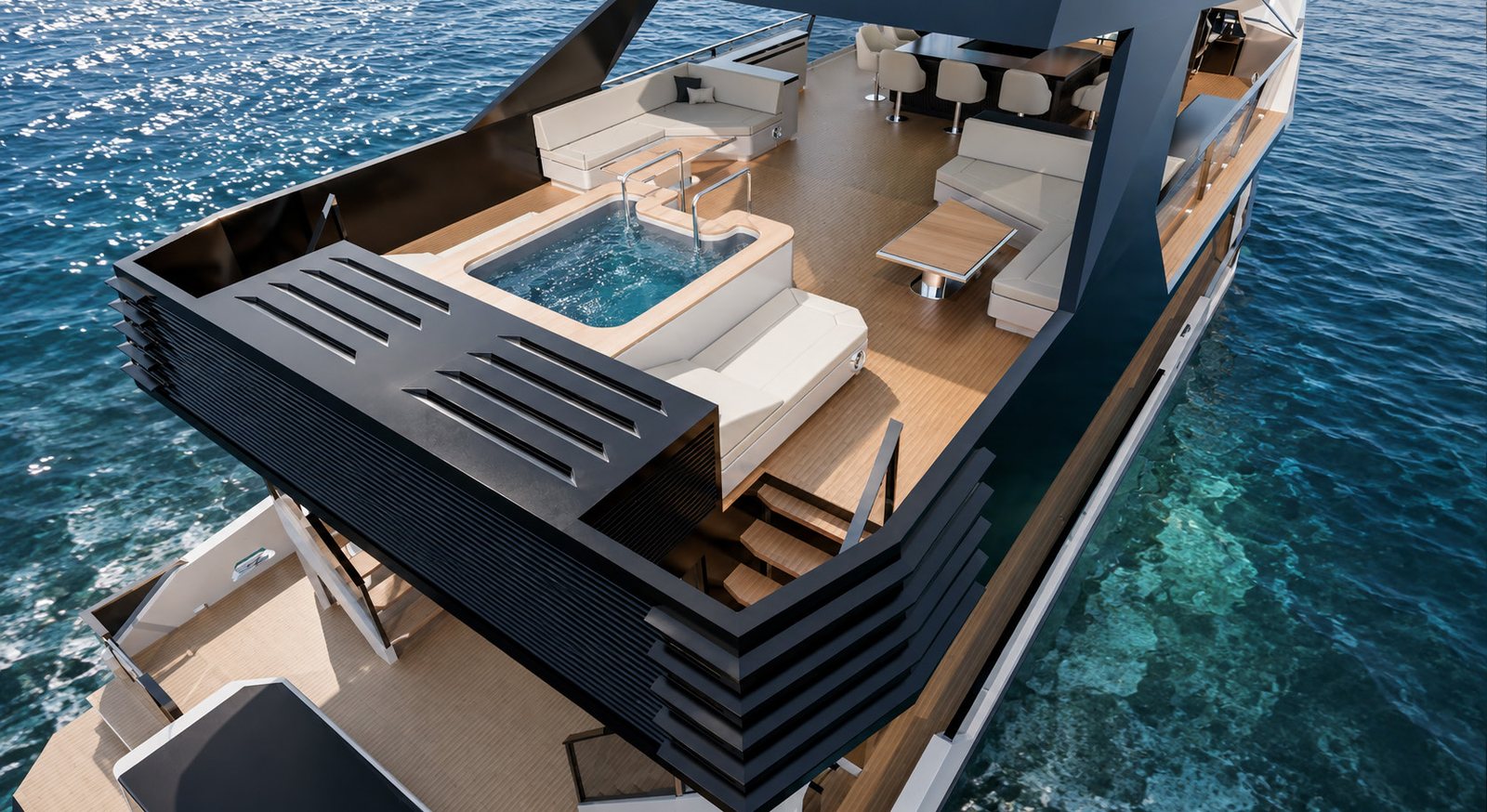 Looking down on the NERO 75 flybridge, with a jacuzzi set into the deck beside the lounge