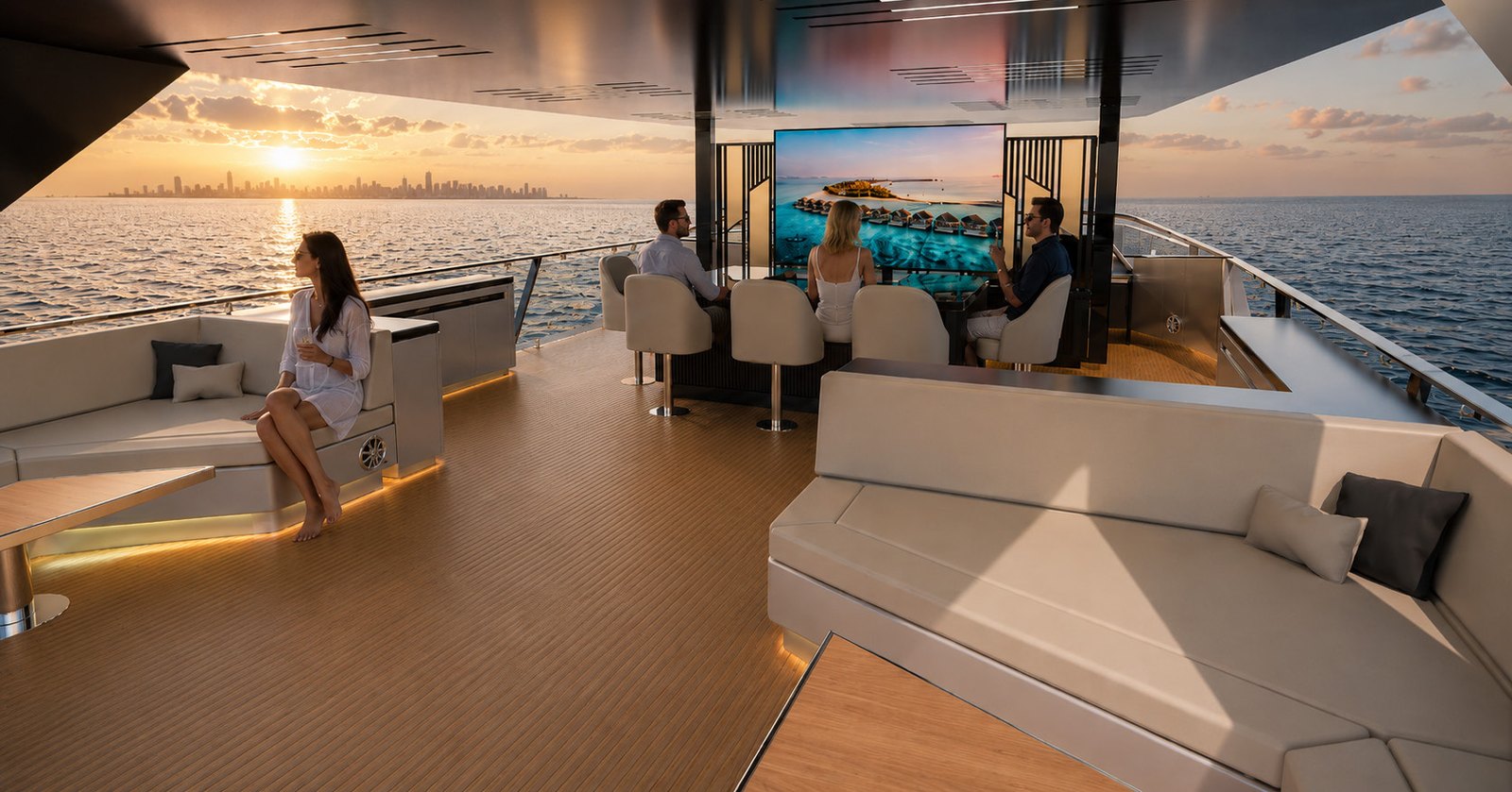 NERO 75 flybridge at sunset with lounge seating, a dining table and an outdoor screen