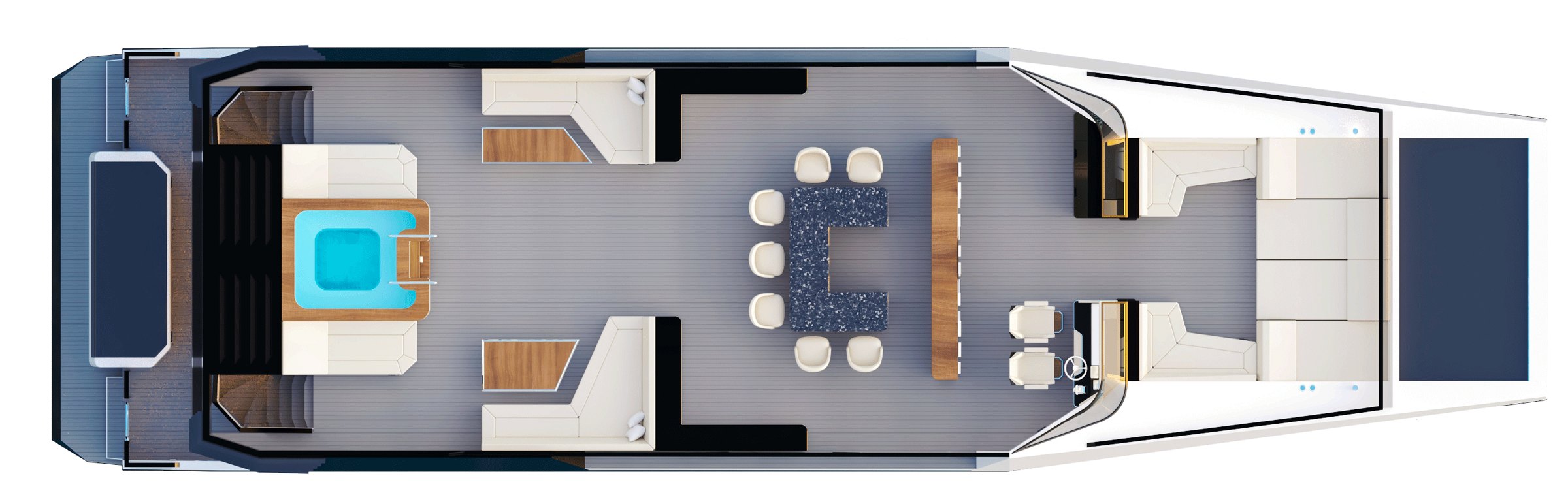 NERO 75 flybridge plan: open-style bar and kitchen, lounge areas, sun-loungers, the central helm and an optional jacuzzi