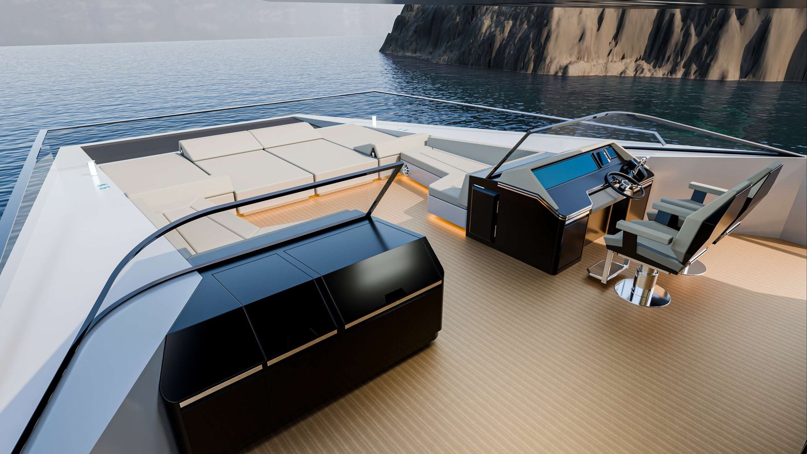 NERO 75 helm station on the flybridge with a navigation screen and helm seat