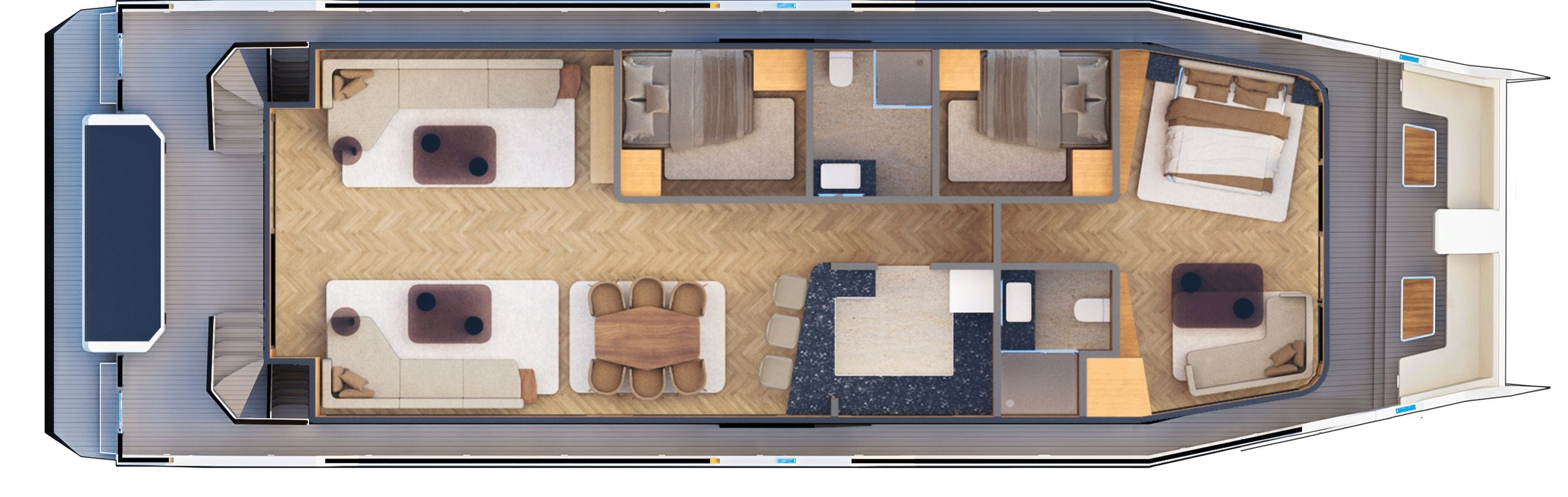 NERO 75 main deck plan: full-beam saloon with two lounges, dining area and kitchen, the master bedroom forward and two guest rooms