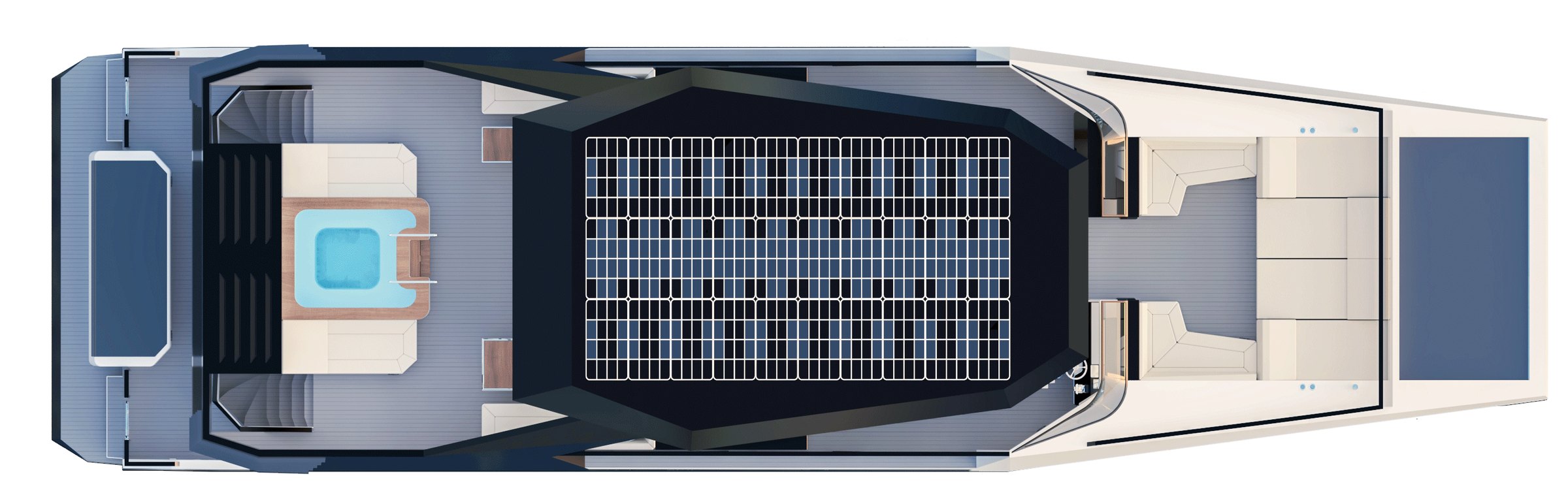 NERO 75 roof plan: the hard-top roof carrying the solar panel array above the flybridge